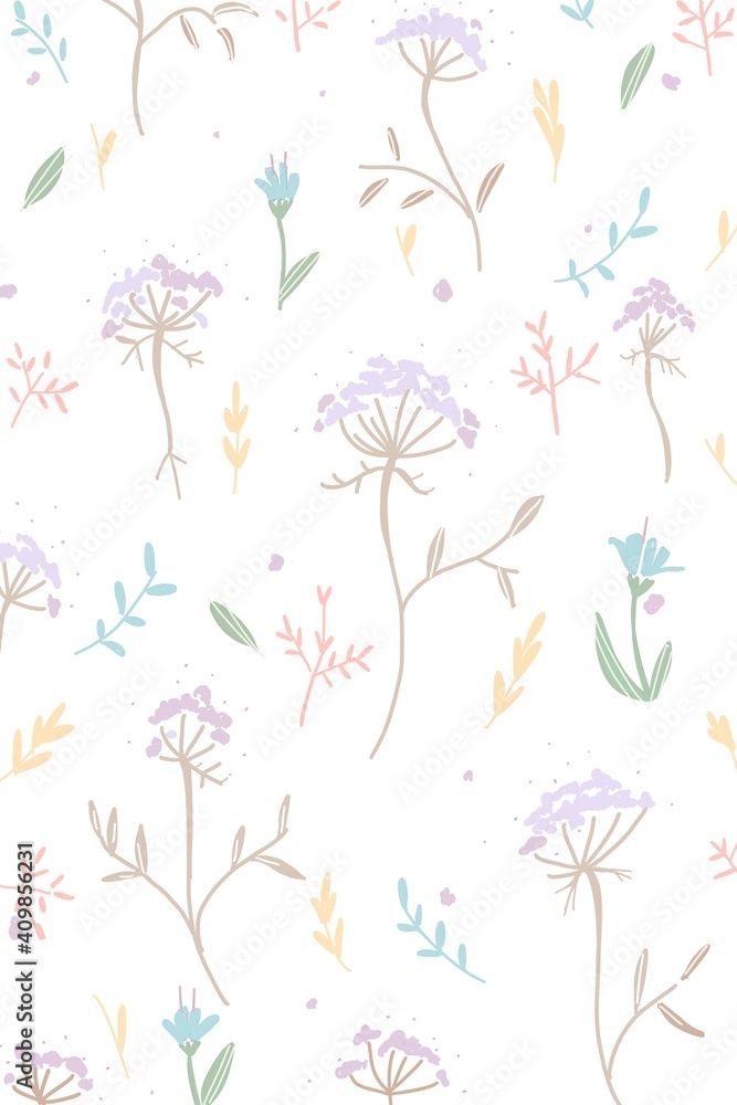 春の優しい色使いのオシャレな植物の白バックのベクターイラスト Stock Illustration Adobe Stock