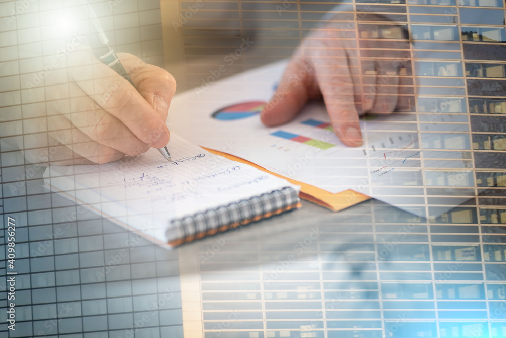 Businessman working on financial results; multiple exposure