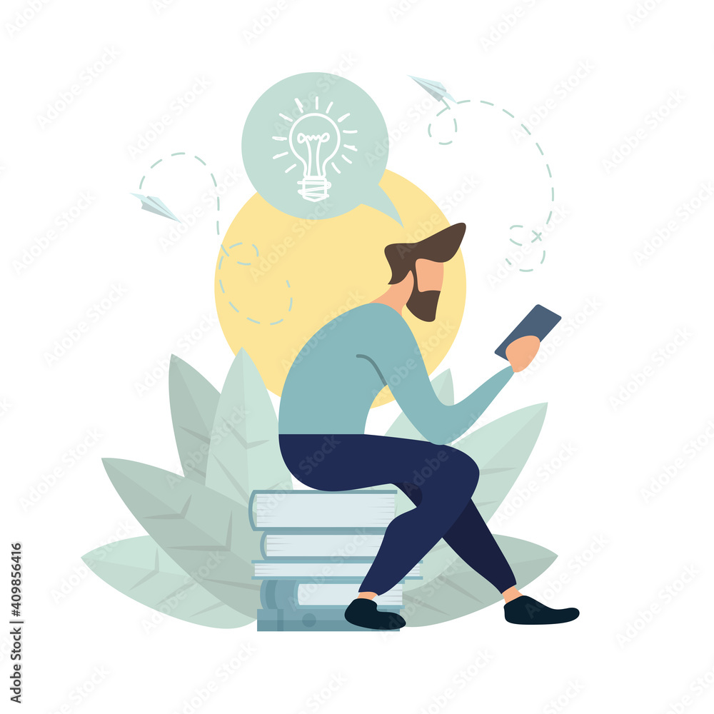 One man search for new ideas, think, thought, mind, thinking process in the loneliness, brainstorming, fantasy flight, thought process, balloon in the form of a light bulb. Vector illustration One man search for new ideas, think, thought, mind, thinking process in the loneliness, brainstorming, fantasy flight, thought process, balloon in the form of a light bulb. Vector illustration