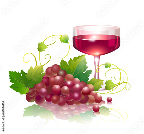 Bunch of pink grapes and a glass of wine isolated on white. Vector illustration.