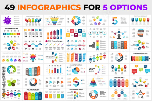 49 Infographics for 5 options. Arrows elements, circle diagrams charts, 3D timelines. Presentation slide templates. Marketing or business, medicine and ecology. Coronavirus vaccination. 
