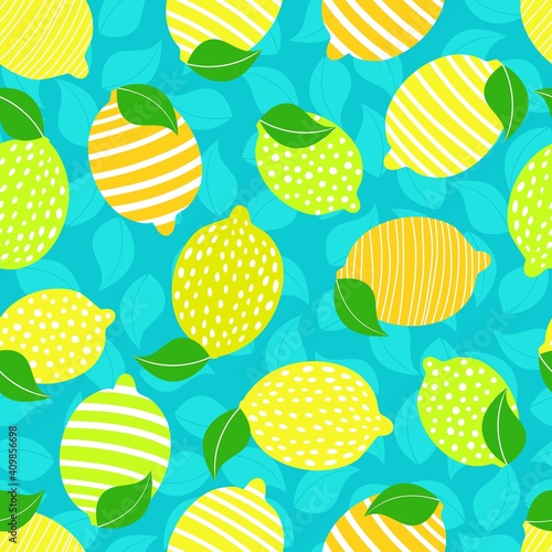Seamless pattern with lemons and leaves on the blue background.