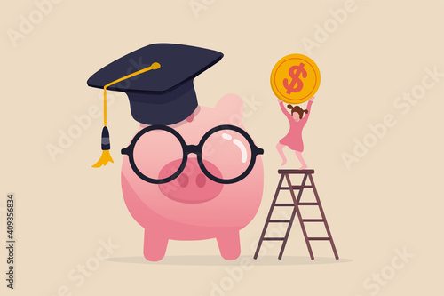 School or education fund, financial planning for kid school or college budget and scholarship concept, cute girl holding big coin putting in pink piggy bank wearing eyeglasses and graduation cap.