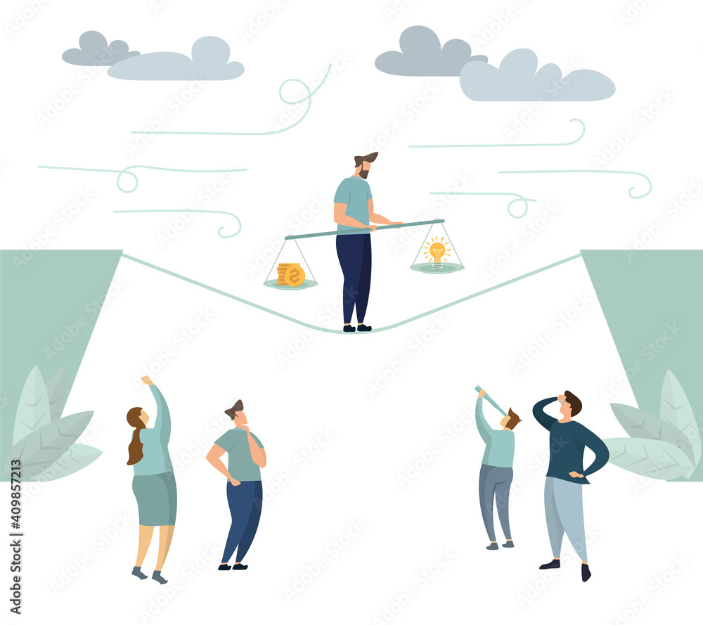 Tightrope walker walking on rope over the abyss. Vector illustration of groups of people who invest in the idea on a swing, money balance and idea balance rocker Tightrope walker walking on rope over the abyss. Vector illustration of groups of people who invest in the idea on a swing, money balance and idea balance rocker