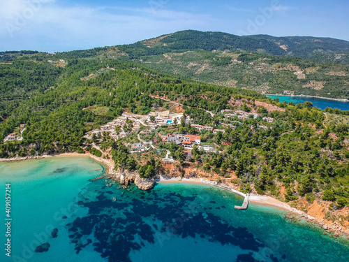 Aerial drone view over Chrisi Milia beach and the rocky surrounded area in Alonnisos island, Sporades, Greece