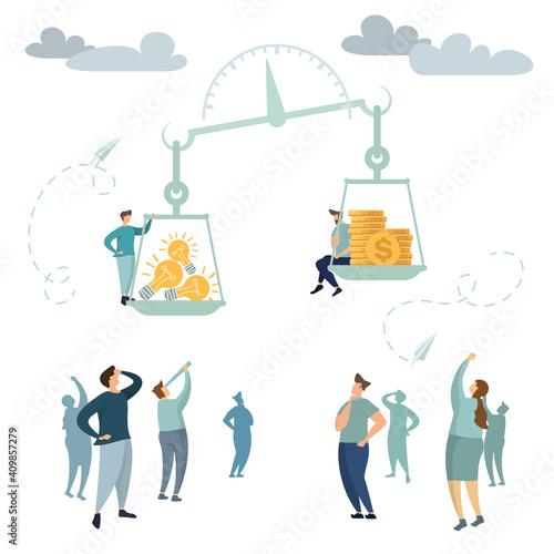 Metaphor scale balance between idea and profit. Vector illustration of groups of people who invest in the idea on a swing, balance money and idea light bulb
