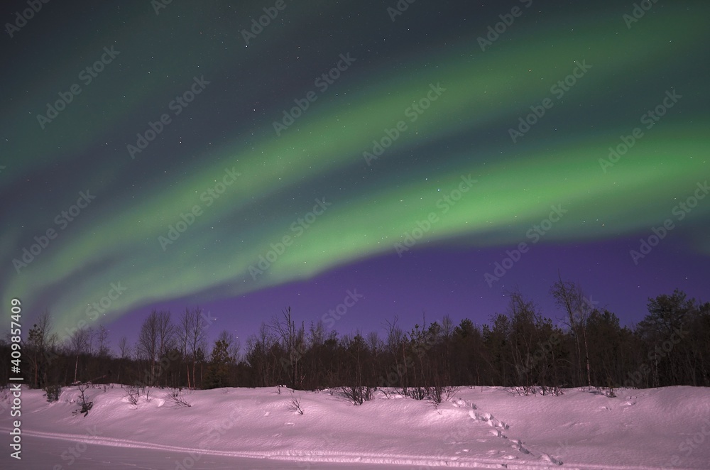 aurora borealis, northern light on winter night sky in northern Norway