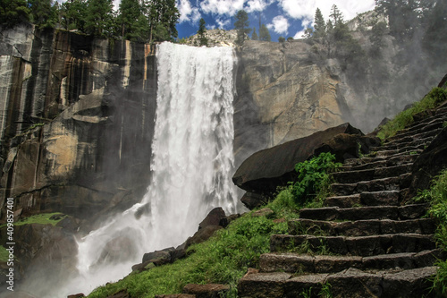 vernal waterfall in Yosemite with stone staircase