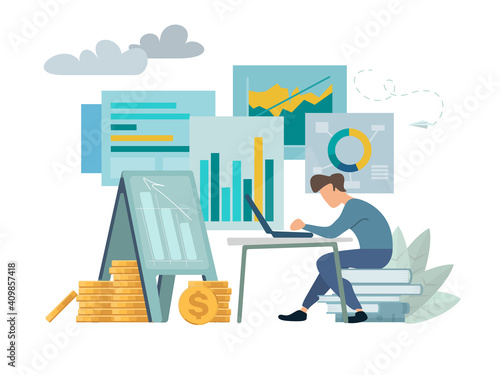 vector illustration of young businessman sitting on stack of books, office worker are studying the infographic, the analysis of the evolutionary scale, golden coins, easel with drawing