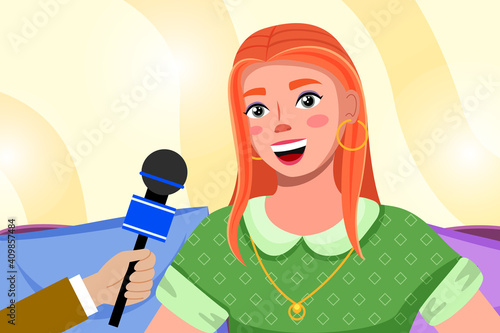 Press conference with red-haired woman. Journalist with microphone interviews a superstar girl. Young female character with gold accessories while recording. Correspondent holds special equipment