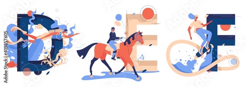Vector collection with capital letters D for diving, D for equestrian and F for flyboarding sport. Women riding horse, swims underwater, flies under the sea drawn in blue and orange