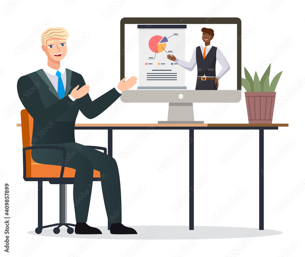 Businessman talking to partner via video call, online conference. A man sitting at a table with a computer, communication with a colleague via webcam, telecommunication, business negotiations Businessman talking to partner via video call, online conference. A man sitting at a table with a computer, communication with a colleague via webcam, telecommunication, business negotiations