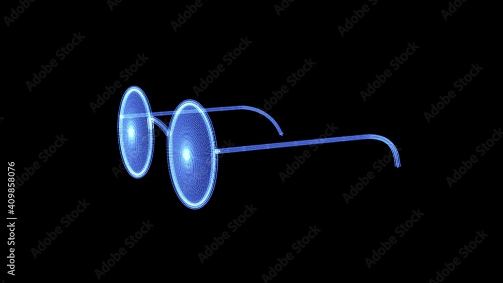 Hologram glasses. 3D animation of eyeglasses for reading on a black