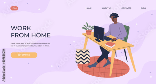 Young man working from home office with computer, sitting at desk in workplace, online video conference. Freelance worker on quarantine, ui and ux testing. Online studying. Flat cartoon illustration