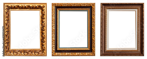 Set of gilded antique picture frames isolated on white background.