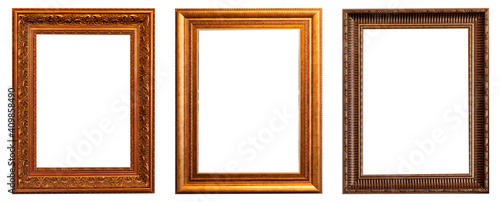 Set of gilded antique picture frames isolated on white background.