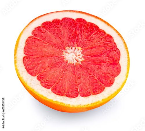 Grapefruit half isolated on white background. Ripe pink grapefruit citrus fruit