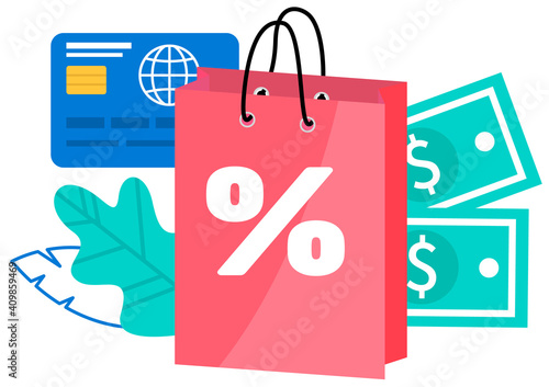 Retail bags with discount vector object. Special offer purchases with money and credit card on background. Packages with low cost. Seasonal sale isolated cartoon illustration for web graphic design