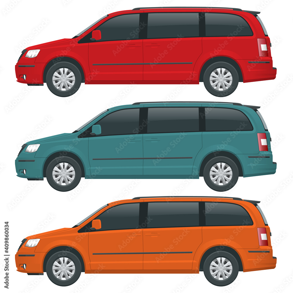 Passenger Van or Minivan Car vector template on white background. Compact crossover, SUV, 5-door minivan car. View side