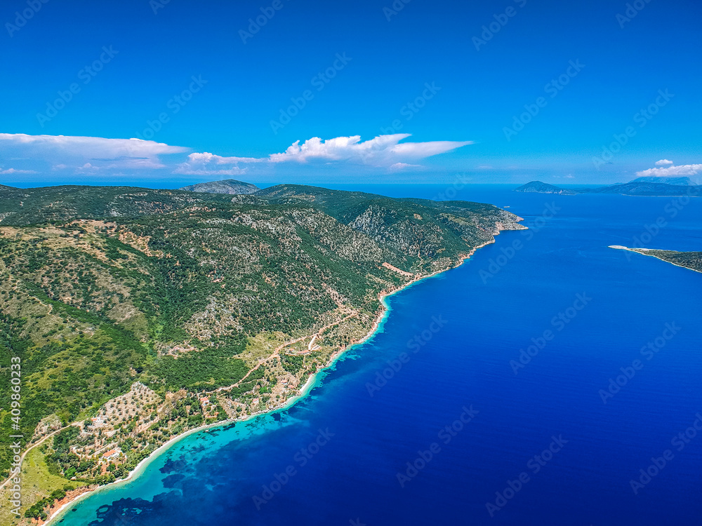Aerial view of the famous Agios Dimitrios (Saint Demetrios) Beach in Alonnisos island, Sporades, Greece Aerial view of the famous Agios Dimitrios (Saint Demetrios) Beach in Alonnisos island, Sporades, Greece