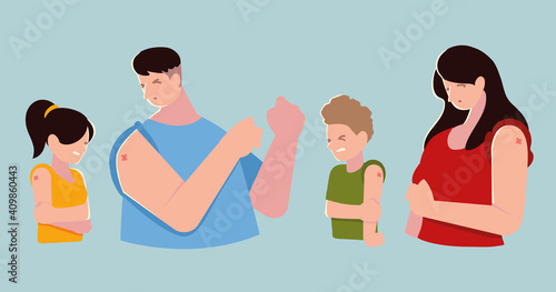 family characters with arm pain after getting the vaccine
