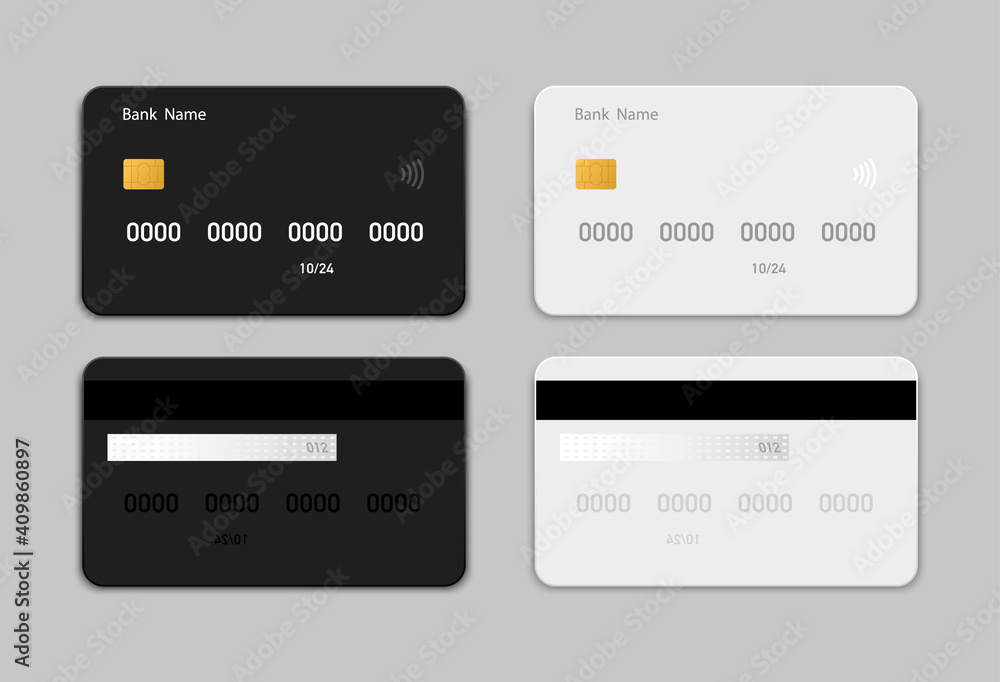 Set credit (debit) black and white card mockup in flat style. Credit card templates design for presentation. Flat credit cards isolated on gray background. Vector illustration. EPS10 Set credit (debit) black and white card mockup in flat style. Credit card templates design for presentation. Flat credit cards isolated on gray background. Vector illustration. EPS10