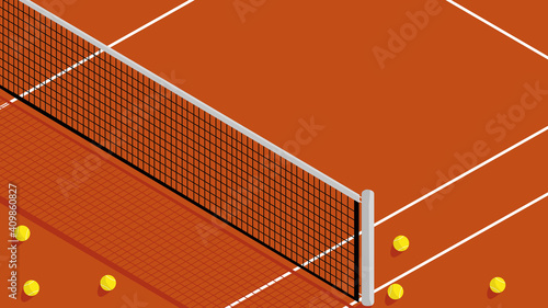 Illustration of brick red color tennis court and tennis balls around on a sunny day. With copy space.