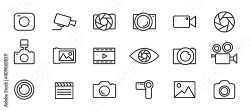 Simple set of icons of camcorders and photo cameras thin line style. Photography icons set. Security camera icon. Photo and video icons. Multimedia icon set. Vector illustration