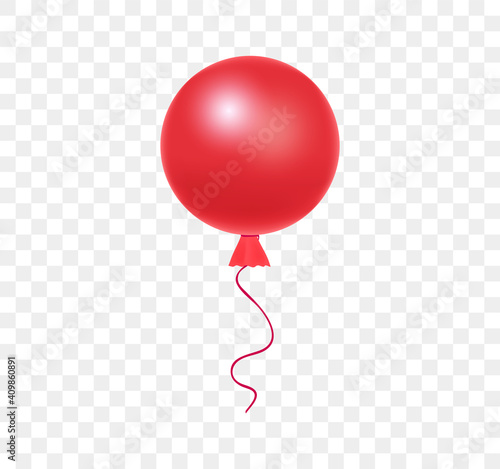 Red helium balloon with ribbon in realistic style. Large round red ball with a long ribbon for party and celebrations on transparent background. Vector illustration for your design.
