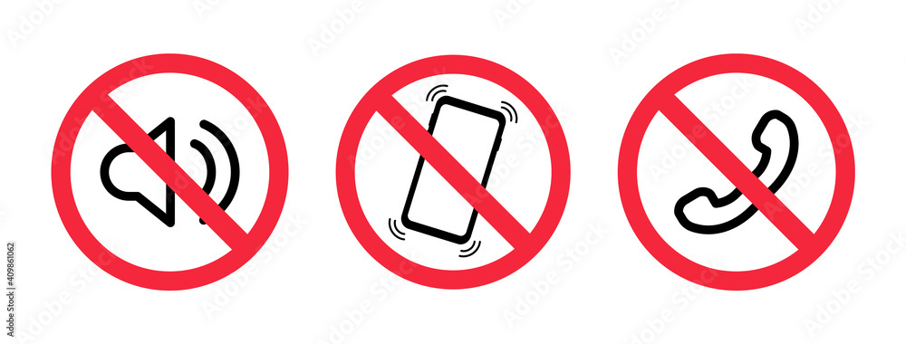 Phone off icon. Off Sound on phone. Silent mode on the smartphone. Forbidden use cellphone, sound. Volume off on mobile. Sign off phone. Vector warning icons Phone off icon. Off Sound on phone. Silent mode on the smartphone. Forbidden use cellphone, sound. Volume off on mobile. Sign off phone. Vector warning icons