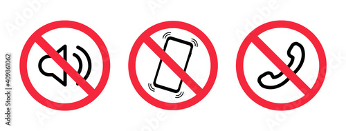 Phone off icon. Off Sound on phone. Silent mode on the smartphone. Forbidden use cellphone, sound. Volume off on mobile. Sign off phone. Vector warning icons photo