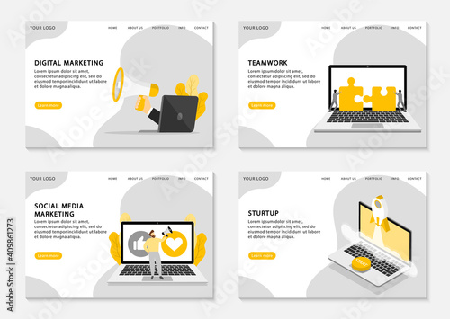 Digital marketing landing pages. Set of web page templates for digital marketing, social media marketing, teamwork and start up business. Vector illustration.
