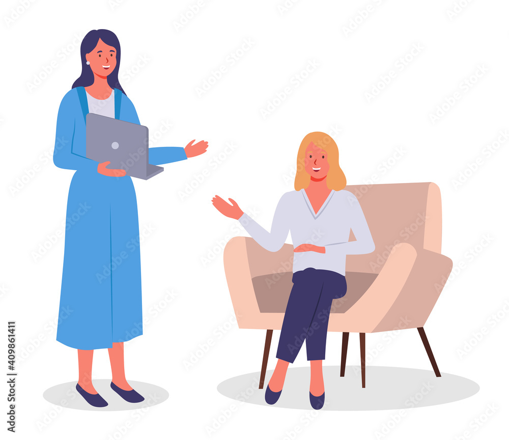 Obraz premium Businesswomen dressed in formal clothes sitting in armchair standing with computer in room and talking. Office meeting and consideration of working affairs. Office workers women in workspace