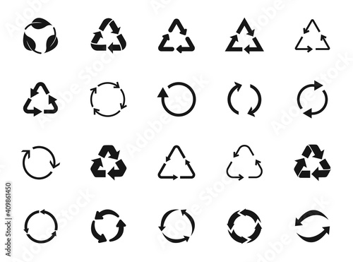 Set of recycle icon symbol vector. Recycling and rotation arrow icon pack. Ecology, cleanliness and recycling symbol. Black arrows recycle, means using recycled resources, recycling. Bio recycling.