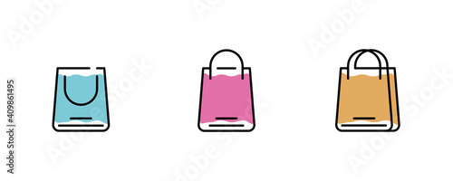 Colorful modern bag icon in thin line form of 3. Shopping bag icons. Collection of Black Line Icons Isolated on White Background. Modern Vector Illustration