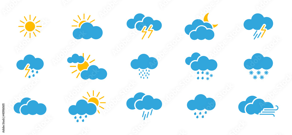 Weather icons set. Meteorology icons set blue in flat style. Meteorology outline icon such as Clouds, cloudy fog, humidity, haze, moon, storm, raining, sun, rain.Vector illustration. EPS 10