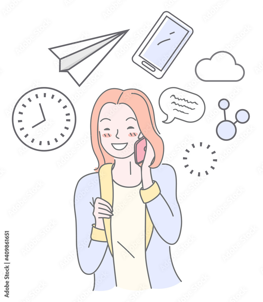 Smiling woman character holding phone device and talking. Pretty positive girl wearing casual clothes on white background. Happy lady with smartphone, sign plane, clock and cloud over the girl s head Smiling woman character holding phone device and talking. Pretty positive girl wearing casual clothes on white background. Happy lady with smartphone, sign plane, clock and cloud over the girl s head