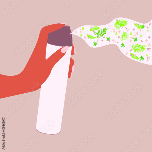 Flat vector illustration of a female hand holding a dispenser and spraying flowers, buds, leaves. Flower spray or air freshener.
