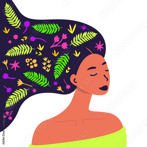 Flat vector cartoon illustration of a woman with flowers in her head. Women's mental health. Mindfulness, positive thinking, self-care. The concept of healing the mind.
