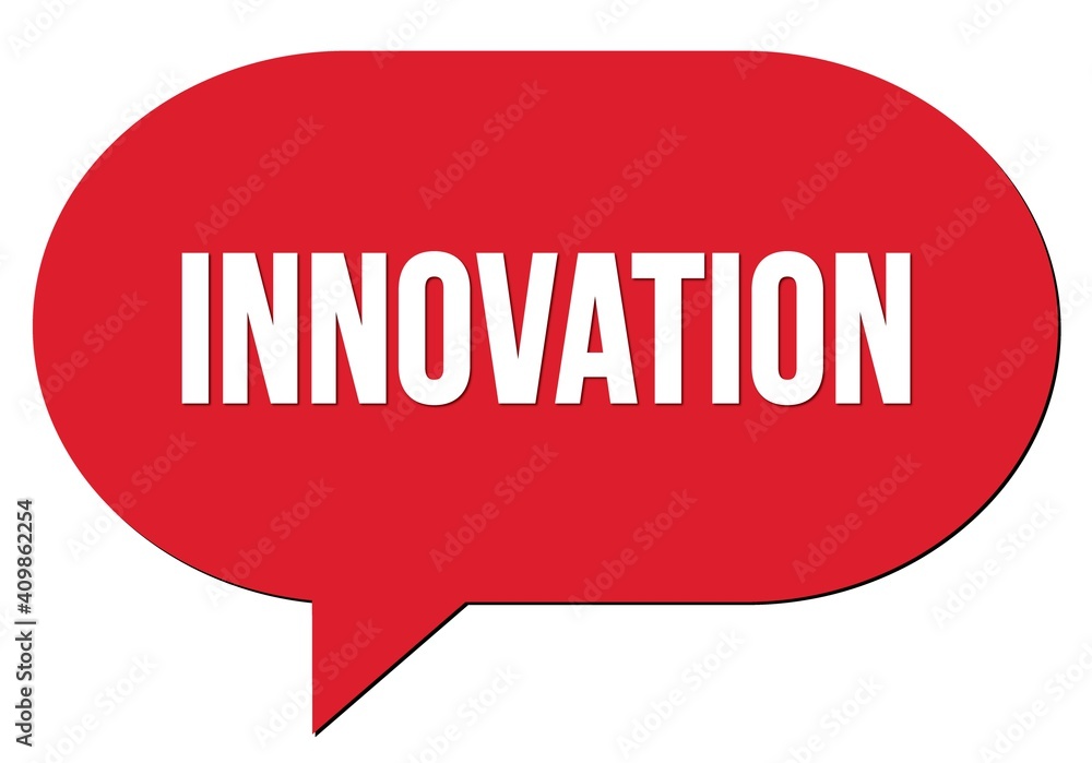 INNOVATION text written in a red speech bubble INNOVATION text written in a red speech bubble