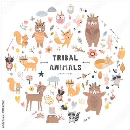 Fototapeta Naklejka Na Ścianę i Meble -  Vector set of cute animals. Forest animals illustration, bear, deer, fox, rabbit, bird, hedgehog.