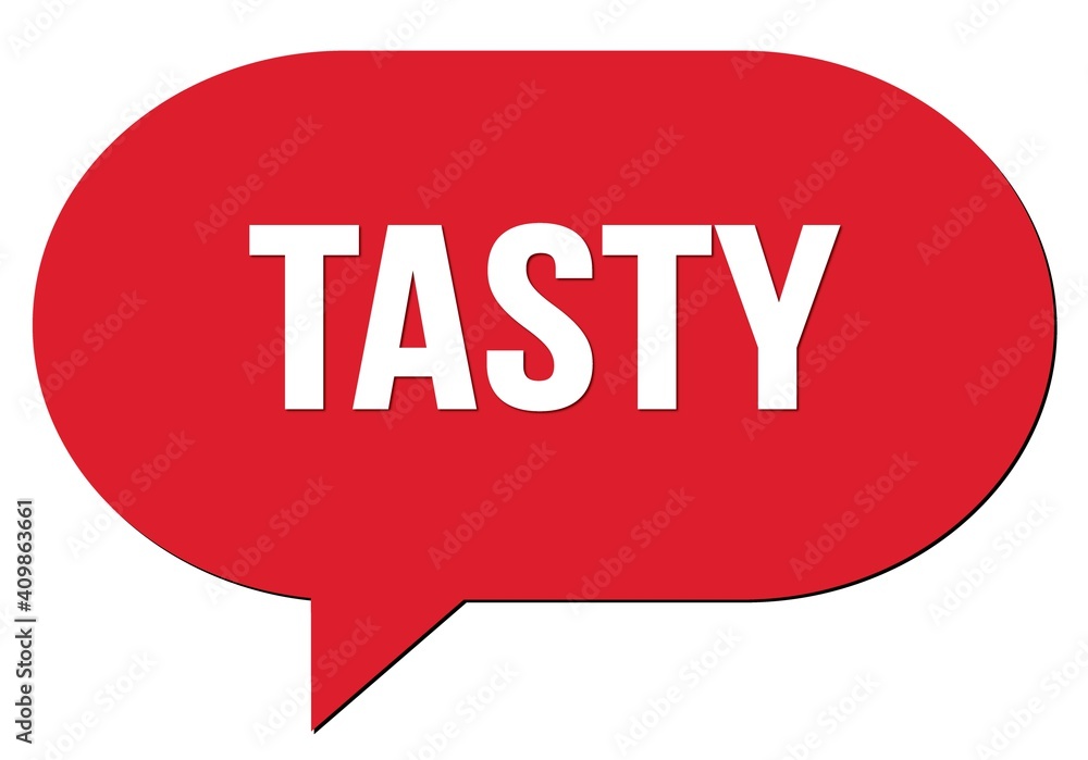 TASTY text written in a red speech bubble TASTY text written in a red speech bubble