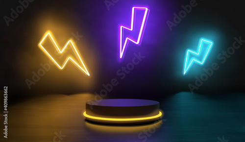 Realistic platform or podium scene for product presentation with glowing neon thunderbolt sign vector illustration