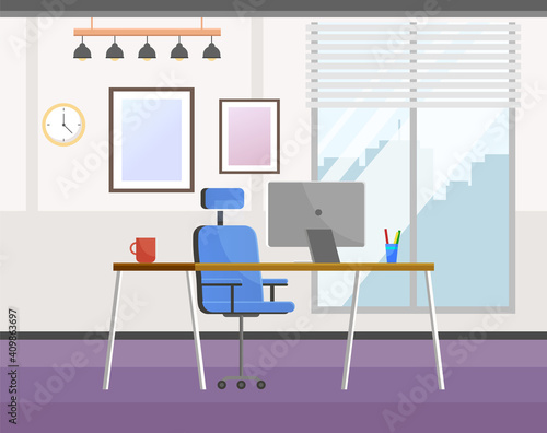 Workplace of the office worker. The table and chair are in the office. Organization of the interior of the room for freelance work. Design and layout of the arrangement of furniture and appliances