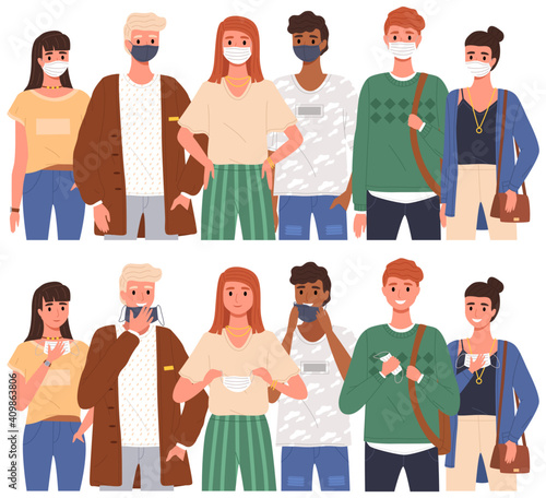 Group of people wearing medical masks. Cartoon characters take off their protective masks and smile vector illustration. Self-isolation during coronavirus pandemic. People wearing and remove face mask
