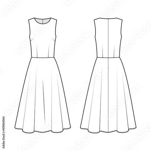 Fashion technical drawing fansy sleeveless dress with flared skirt
