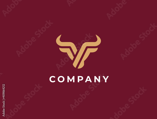 Bull head logo. Abstract stylized cow or bull head with horns icon. Premium logo for steak house, meat restaurant or butchery. Taurus symbol. Vector illustration.
