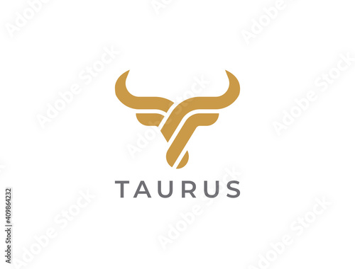 Bull head logo. Abstract stylized cow or bull head with horns icon. Premium logo for steak house, meat restaurant or butchery. Taurus symbol. Vector illustration.
