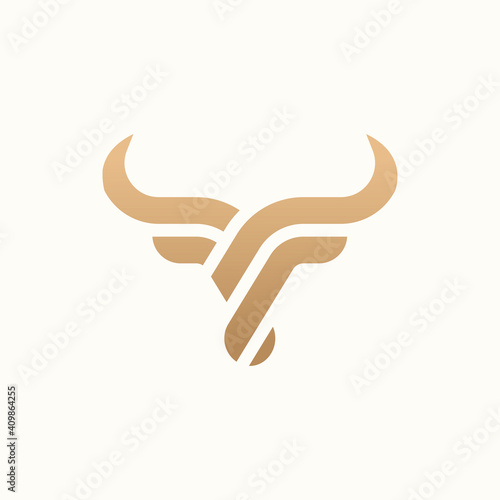 Bull head logo. Abstract stylized cow or bull head with horns icon. Premium logo for steak house, meat restaurant or butchery. Taurus symbol. Vector illustration.
