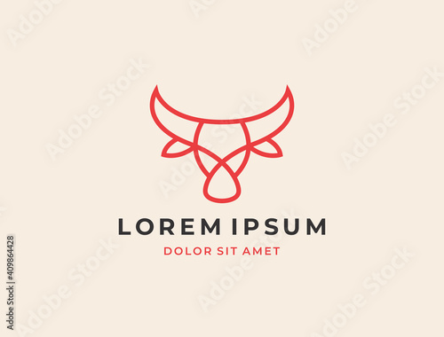 Bull head logo. Abstract stylized cow or bull head with horns icon. Premium logo for steak house, meat restaurant or butchery. Taurus symbol. Vector illustration.
